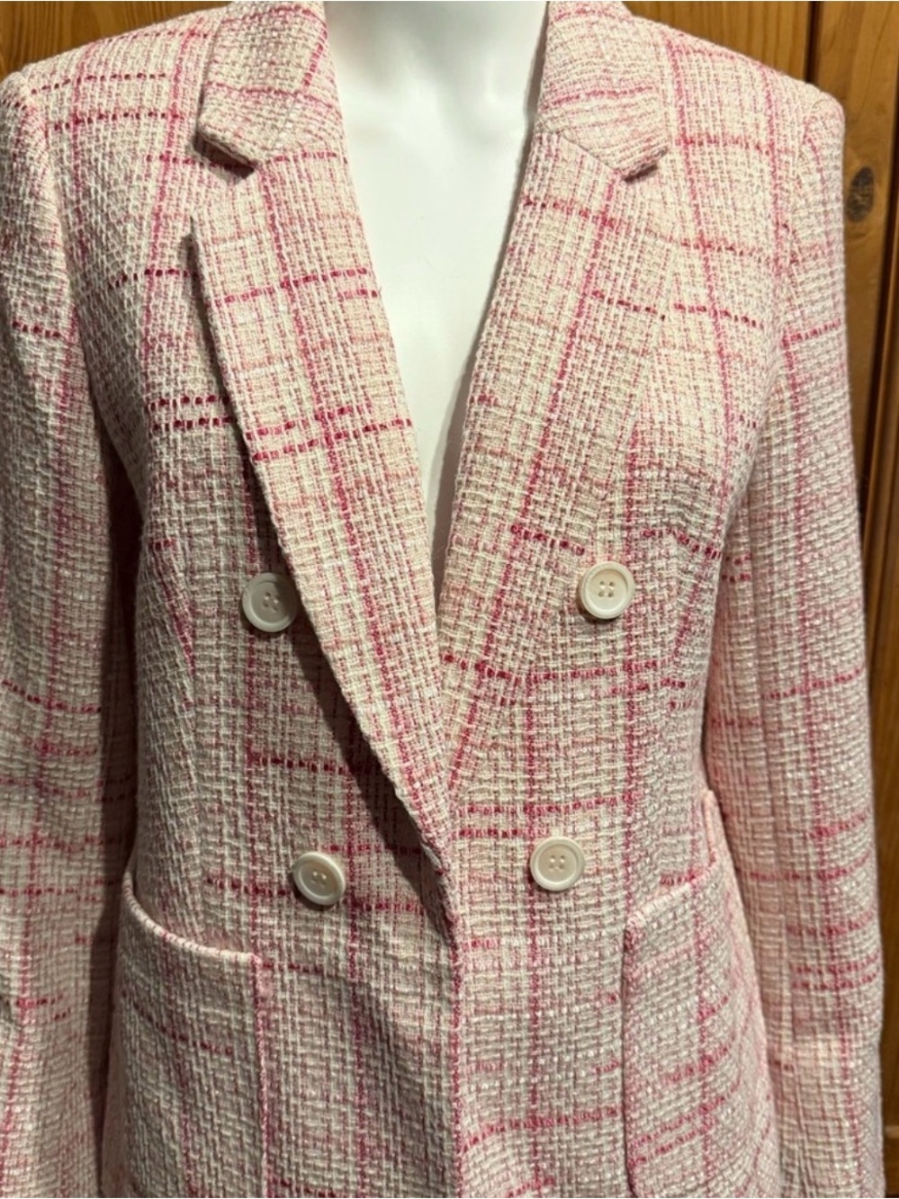 Jones New York Pink Plaid Tweed Double-Breasted Blazer